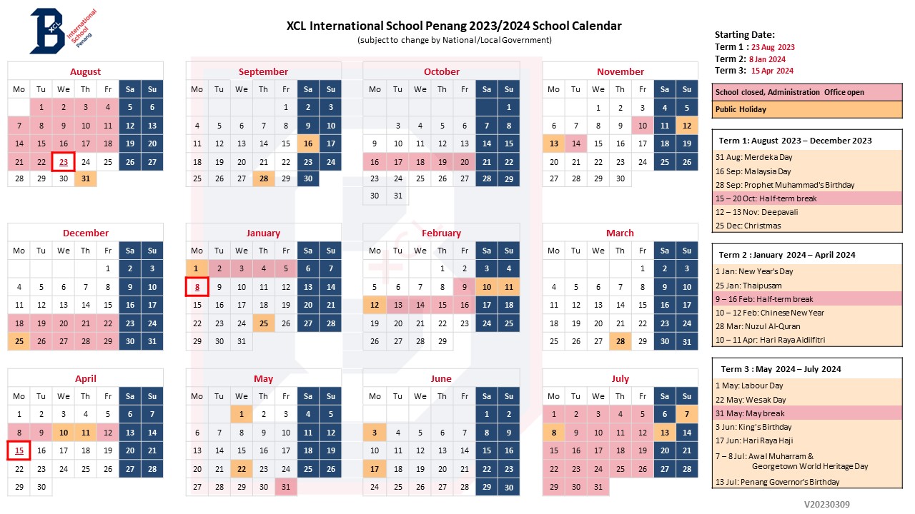 Academic Calendar XCL International School Penang